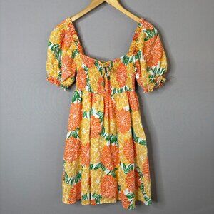 Faithfull Orange Floral Smocked Linen Mini Dress